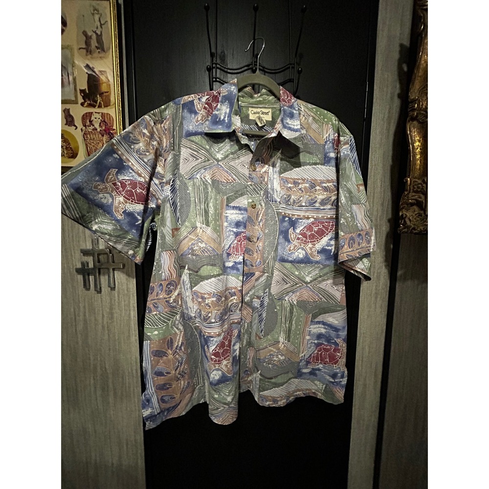 Cooke Street Honolulu Mens XL Aloha Shirt Sea Turtle Geometric Cotton Blue Green